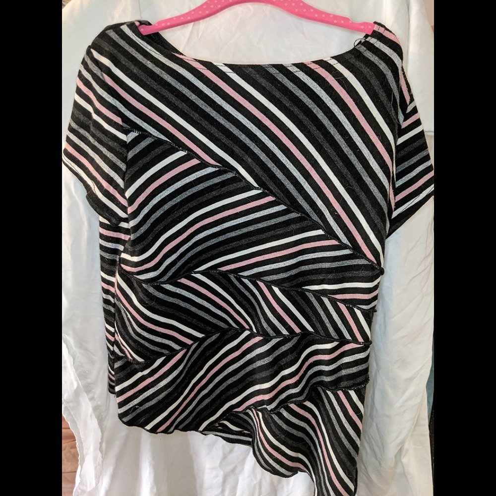FIORLINI INTERNATIONAL Pink, white, grey, and black Striped Asymmetrical Blouse - Picture 8 of 9